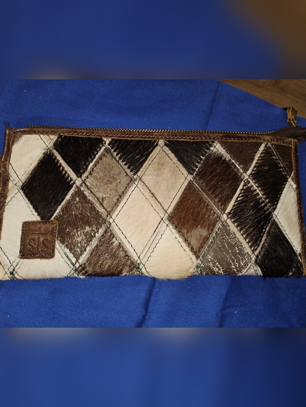 STS Ranchwear Brown & White Cowhide Zip Pouch with Brass Logo Pull